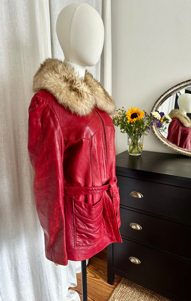 1970s Penny Lane Red Jacket with Sheepskin Collar