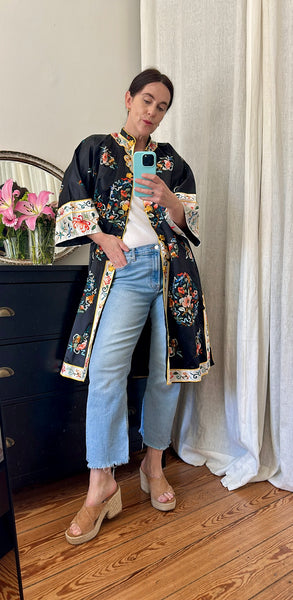 Antique Oriental Silk Robe - Black Embroidered Kimono Cheongsam Jacket