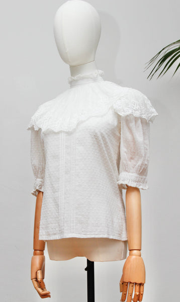 Vintage Laura Ashley Victorian Blouse | White Swiss Dot Cotton Lace Colla