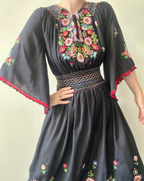 Vintage Hungarian Embroidered Cotton Dress - Black Cape Sleeve Bohemian