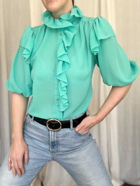 Vintage 1980s Turquoise Chiffon Blouse | Ruffle Detail Statement Top