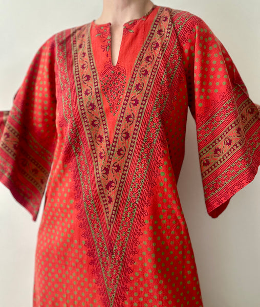 Rare Vintage Indian Block Print Maxi Dress , 70's Red Angel Sleeve Bohemian