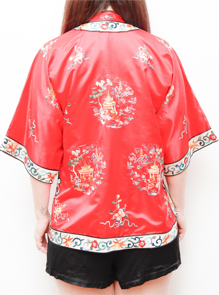 1930's Rare Antique Oriental Silk Kimono Robe Jacket | Hand-Embroidered Red Silk with Floral Scenic Design – Boho Kaftan Sleeves