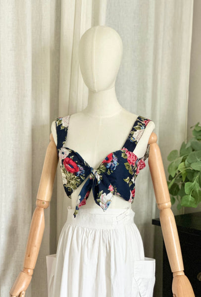 Vintage 1980s Floral Tie Front Bralette Crop Top