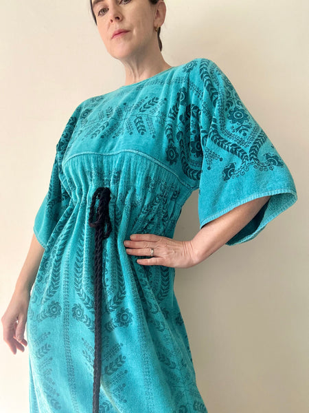 Rare Vintage 1970s Toweling Kaftan Dress - Turquoise Floral Cotton