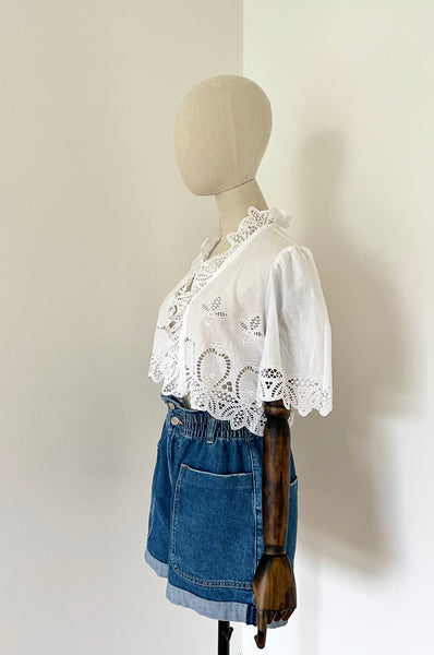 Traditional 1970's Cotton Anglaise Puffy Sleeve Frill Blouse