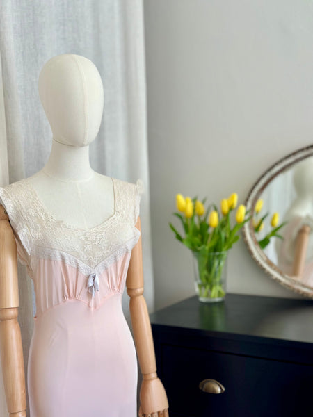 Rare 1930s Bias Cut Silk Nightgown | Pink Lace Embroidered Antique
