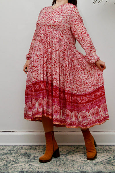 Vintage Indian Cotton Gauze Dress - Pink Floral Peacock Bohemian