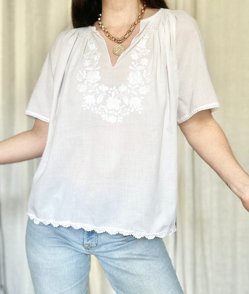 Vintage 1970s Hungarian Cotton Blouse - White Floral Hand Embroidered