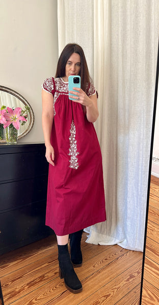 Vintage 1970s Oaxacan Mexican Embroidered Dress,  Folk Art Cotton Maxi