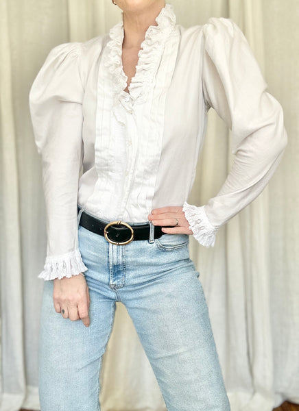 Vintage Victorian Style Cotton Blouse | Puff Shoulder Ruffle Gothic Top
