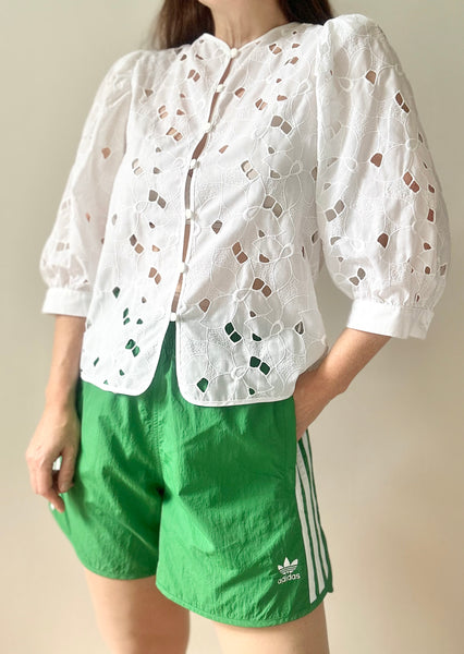 Vintage White Cotton Blouse, Cutwork Puff Sleeve Victorian Top