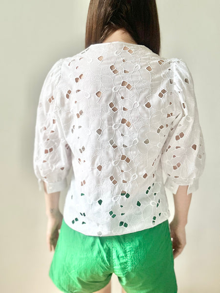 Vintage White Cotton Blouse, Cutwork Puff Sleeve Victorian Top