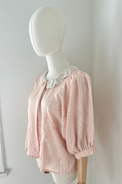 Vintage 1980s Pastel Pink Jacquard Blouse | Batwing Sleeve Cropped Top