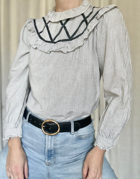 Vintage Victorian Prairie Blouse , Green & White Stripe Cotton with Velvet Trim