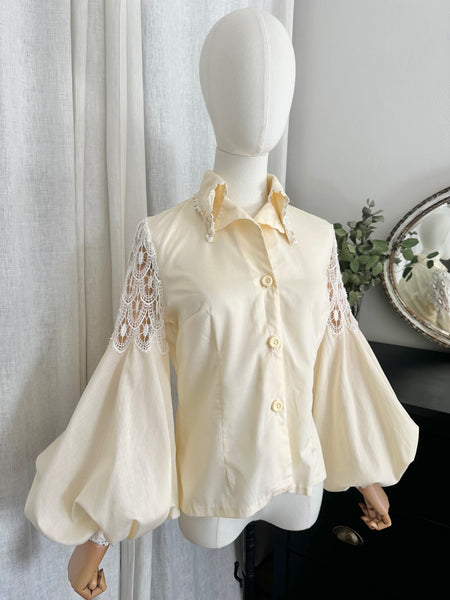 Vintage 1970s Boho Gothic Blouse, Cream Cotton with Bishop Sleeves