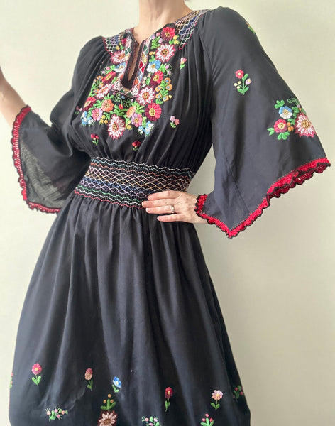 Vintage Hungarian Embroidered Cotton Dress - Black Cape Sleeve Bohemian