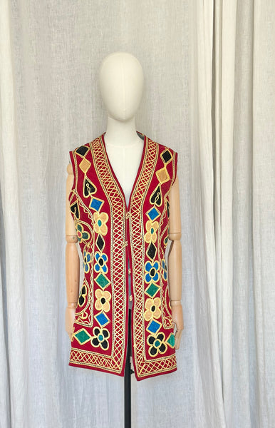 Rare 1960s Burgundy Velvet Waistcoat - Embroidered Floral Bohemian Vest