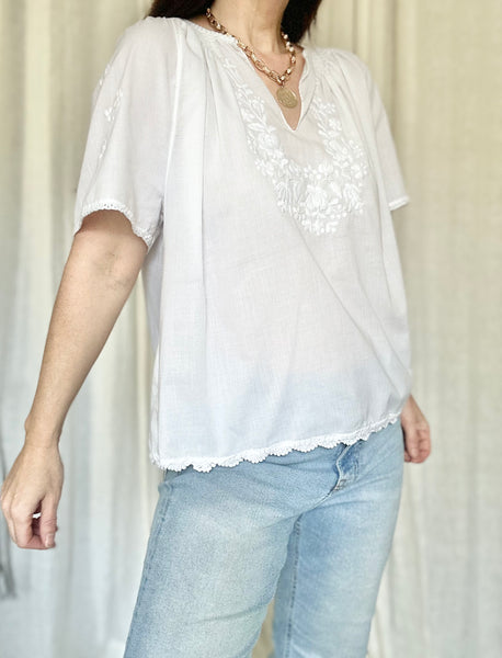 Vintage 1970s Hungarian Cotton Blouse - White Floral Hand Embroidered