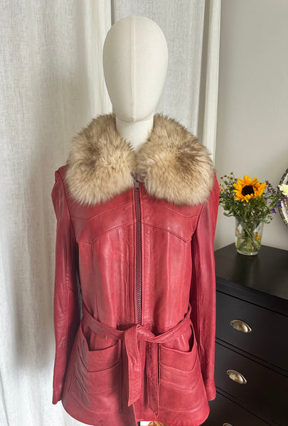 1970s Penny Lane Red Jacket with Sheepskin Collar