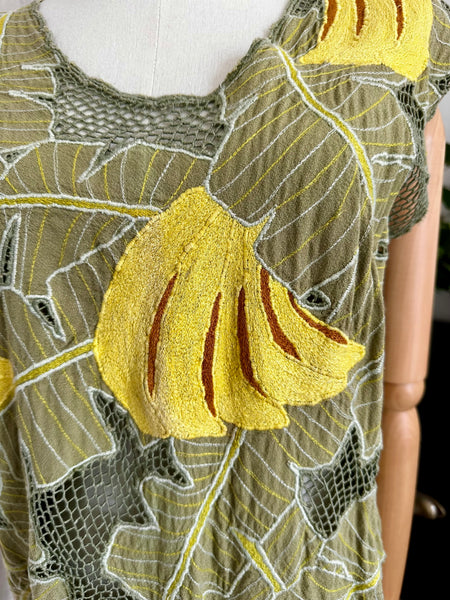 Vintage 1980s Tropical Leaf Mesh Top with Yellow Banana Appliqué