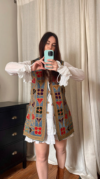 Rare 1960s Blue Velvet Embroidered Waistcoat – Folklore Floral & Heart Design, Bohemian Vintage Vest