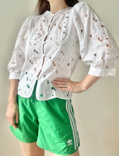 Vintage White Cotton Blouse, Cutwork Puff Sleeve Victorian Top