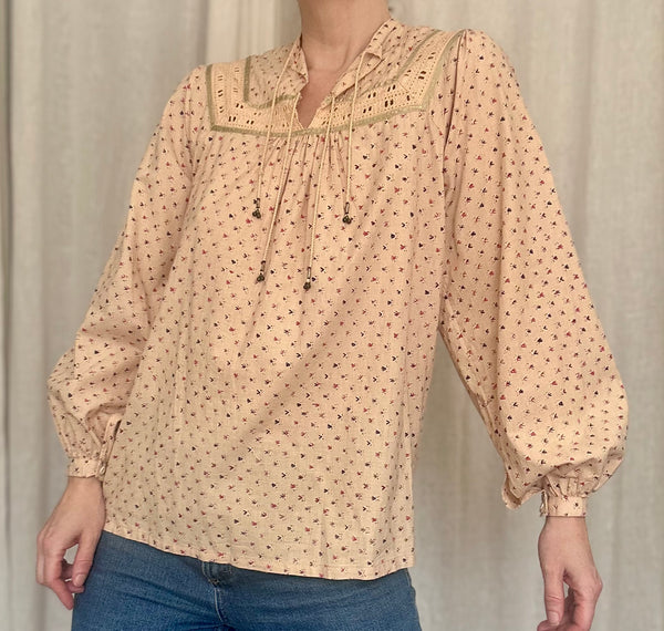 Rare Vintage Indian Cotton Tunic Blouse - Peach Flora Smock