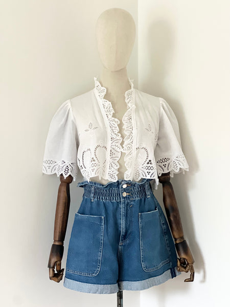 Traditional 1970's Cotton Anglaise Puffy Sleeve Frill Blouse