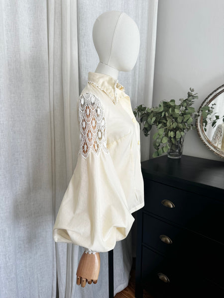 Vintage 1970s Boho Gothic Blouse, Cream Cotton with Bishop Sleeves