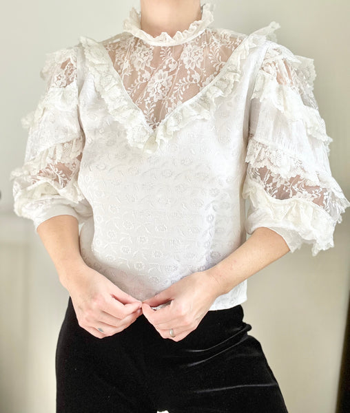 1970's Victorian Gothic Lace Floral  Blouse