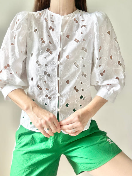 Vintage White Cotton Blouse, Cutwork Puff Sleeve Victorian Top