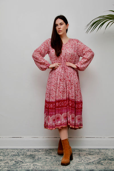 Vintage Indian Cotton Gauze Dress - Pink Floral Peacock Bohemian