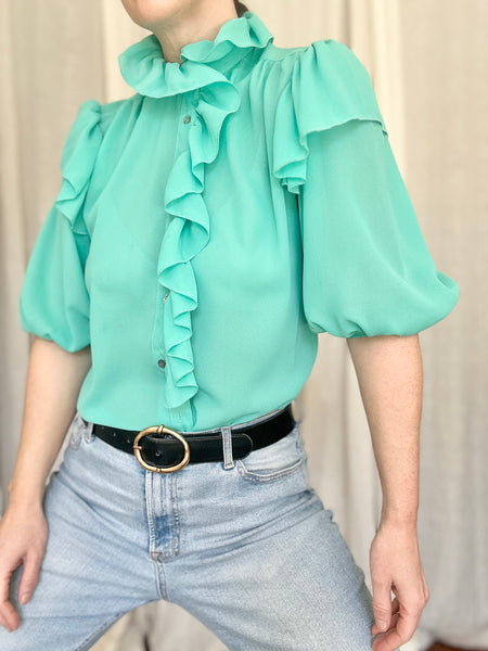 Vintage 1980s Turquoise Chiffon Blouse | Ruffle Detail Statement Top