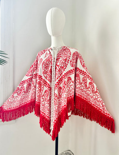 Vintage 1970s Towelling Kaftan Poncho Top, Red Paisley Bohemian Cotton