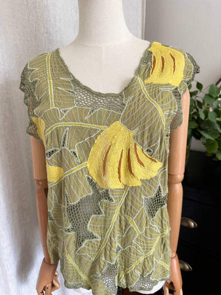 Vintage 1980s Tropical Leaf Mesh Top with Yellow Banana Appliqué