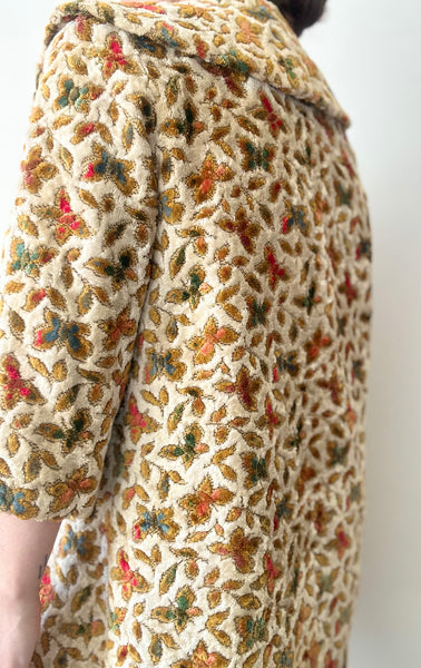 1960s Vintage Floral Jacquard Velour Coat, Cream Swing Smock