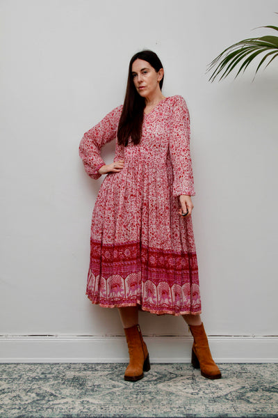 Vintage Indian Cotton Gauze Dress - Pink Floral Peacock Bohemian