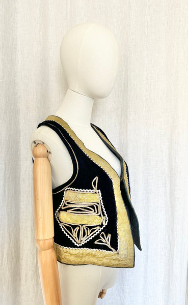 Vintage 1960s Velvet Waistcoat | Navy Ottoman Embroidered Bohemian Vest