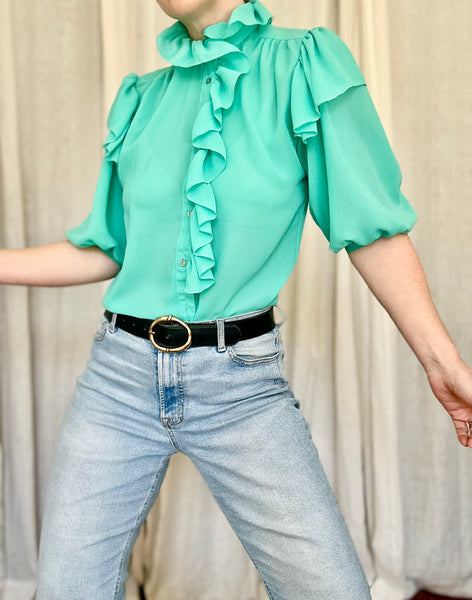 Vintage 1980s Turquoise Chiffon Blouse | Ruffle Detail Statement Top