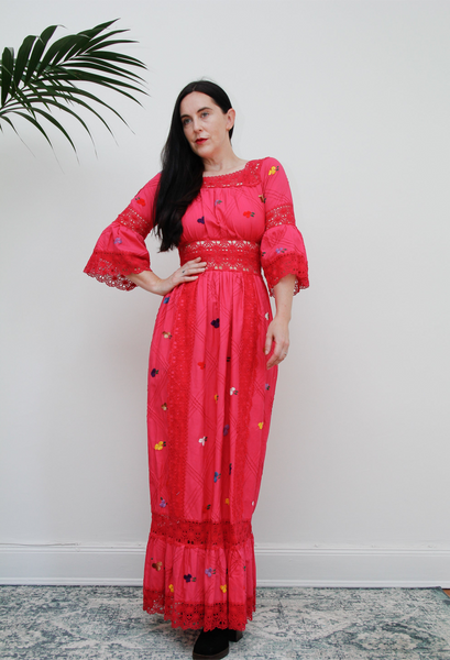 1970's Pink Floral Cotton Lace Mexican Kaftan Dress