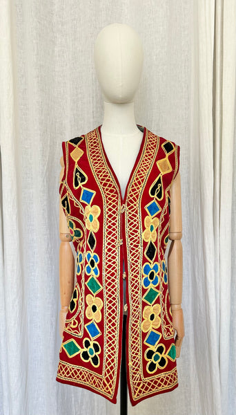 Rare 1960s Burgundy Velvet Waistcoat - Embroidered Floral Bohemian Vest