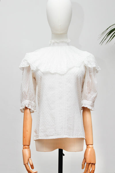 Vintage Laura Ashley Victorian Blouse | White Swiss Dot Cotton Lace Colla
