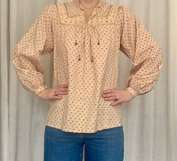Rare Vintage Indian Cotton Tunic Blouse - Peach Flora Smock