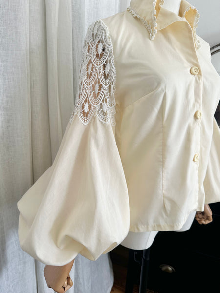 Vintage 1970s Boho Gothic Blouse, Cream Cotton with Bishop Sleeves