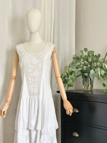 Vintage White Embroidered Cotton  Dress with Button Back Bows