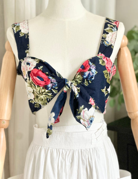 Vintage 1980s Floral Tie Front Bralette Crop Top