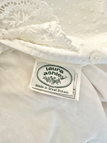 Vintage Laura Ashley Victorian Blouse | White Swiss Dot Cotton Lace Colla