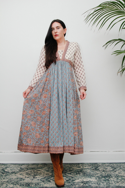 Vintage Indian Block Print Cotton Maxi Dress