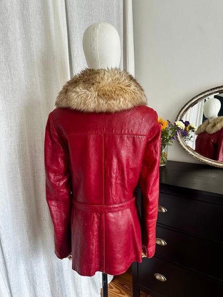 1970s Penny Lane Red Jacket with Sheepskin Collar